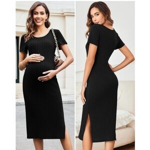 NWT Maternity Nursing Rib Knit Short Sleeve Bodycon Dress | Black | XL